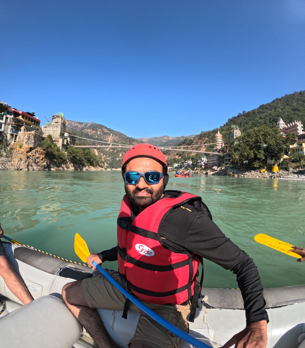 Wide river landscape during rafting in Rishikesh